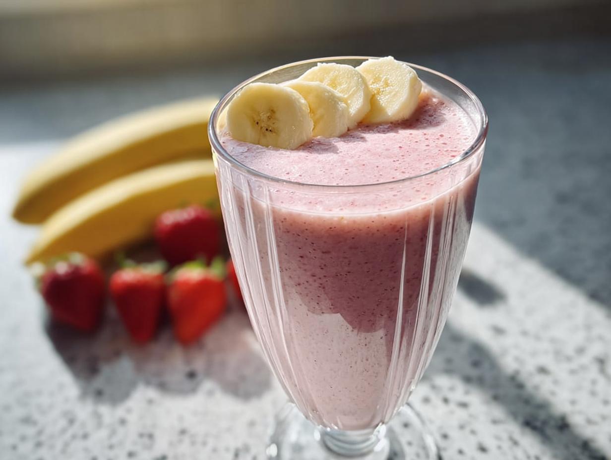 Ein Glas Erdbeer-Smoothie mit Bananenscheiben garniert, im Hintergrund frische Erdbeeren und Bananen.