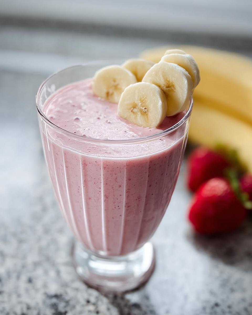 Ein cremiger Erdbeer-Smoothie mit Bananenscheiben als Dekoration, im Hintergrund sind frische Erdbeeren und Bananen zu sehen.