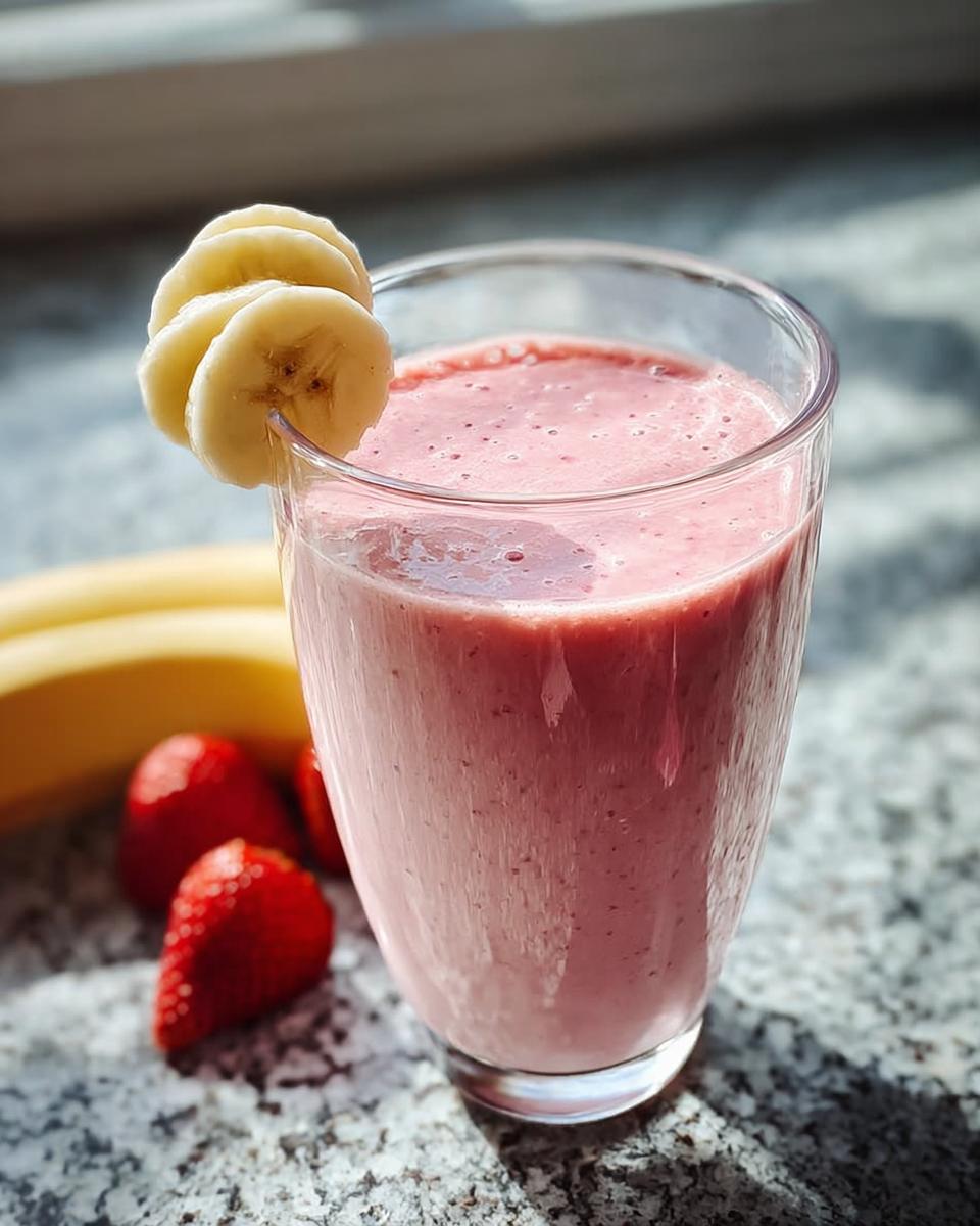 Ein cremiger Erdbeer-Smoothie mit Bananenscheiben am Glasrand, umgeben von frischen Erdbeeren.