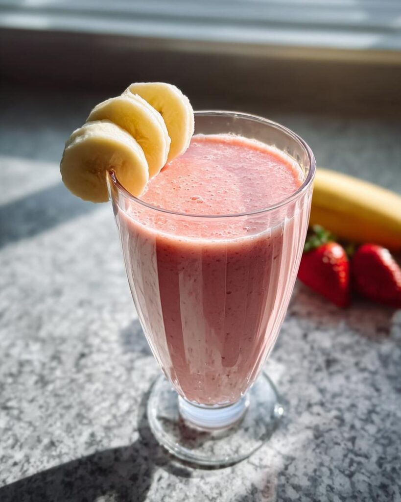 Ein Glas Erdbeer-Smoothie mit Bananenscheiben als Garnitur, im Hintergrund liegen frische Erdbeeren.