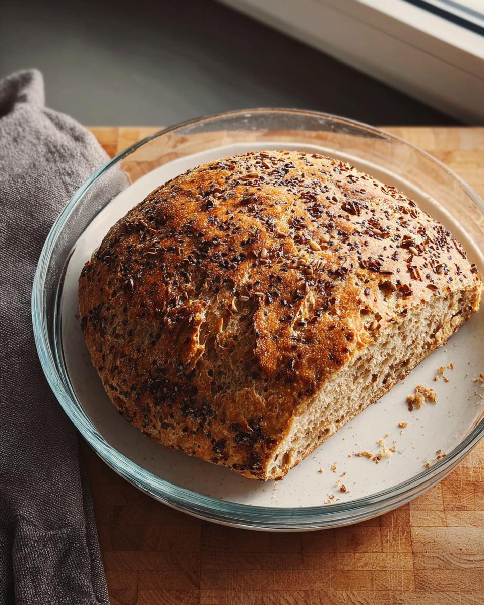 Ein frisch gebackenes Dinkelbrot ohne Kneten mit einer dunklen Saatenkruste, präsentiert in einer Glasschüssel.