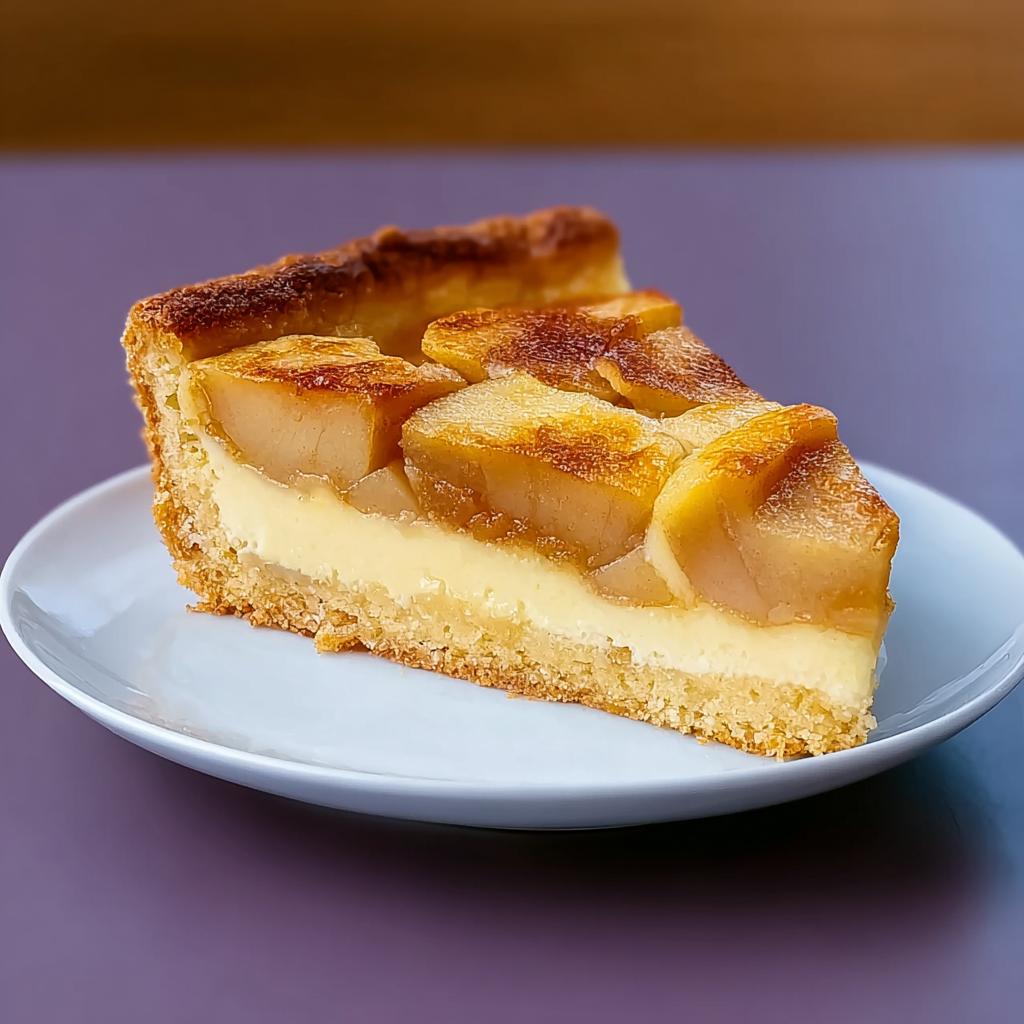 Ein Stück Finkenwerder Apfelkuchen leicht modern mit Puddingfüllung und karamellisierten Äpfeln auf einem weißen Teller.