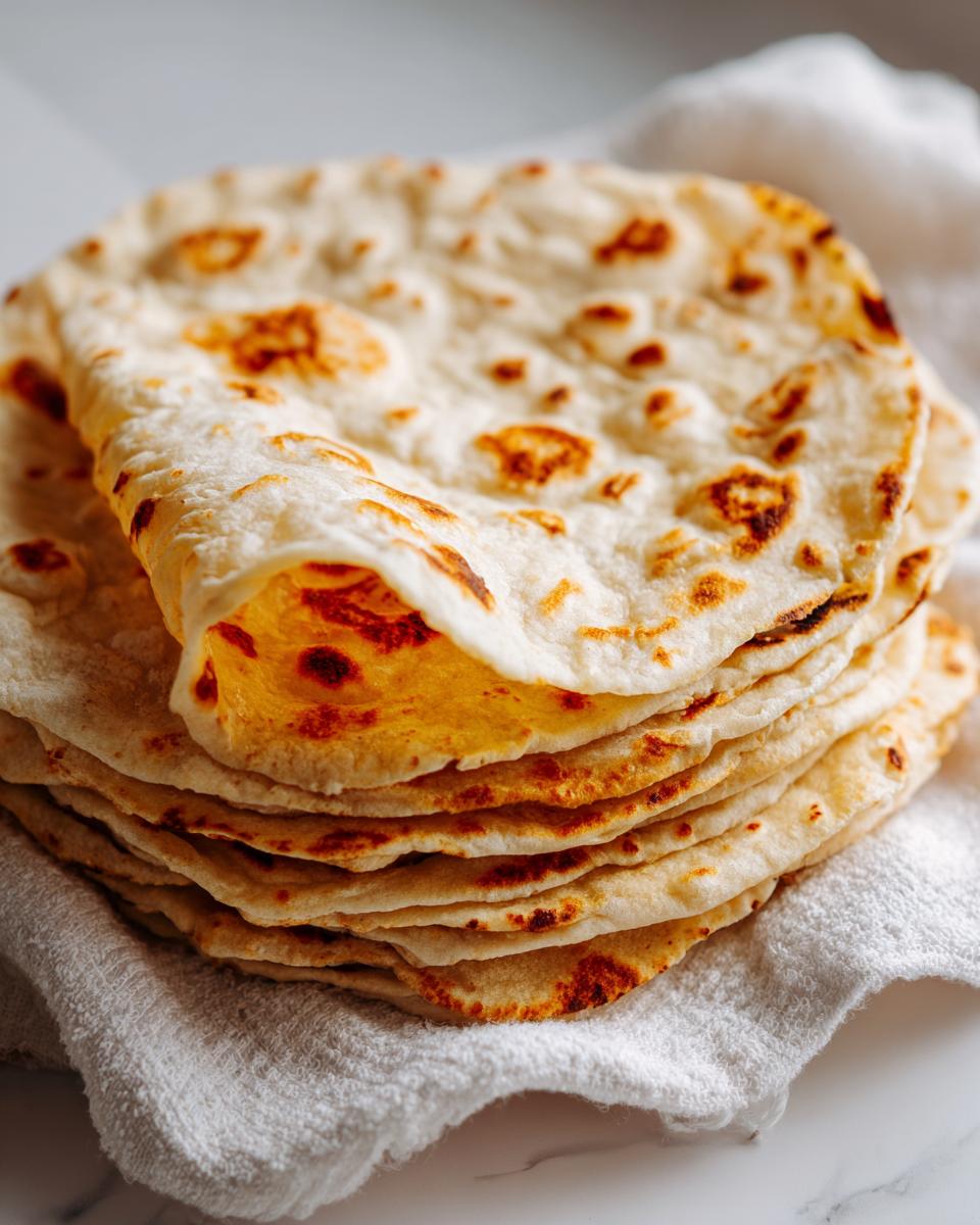 Stapel weicher, frisch zubereiteter Flour Tortillas für Burritos, leicht gebräunt auf einem weißen Tuch.