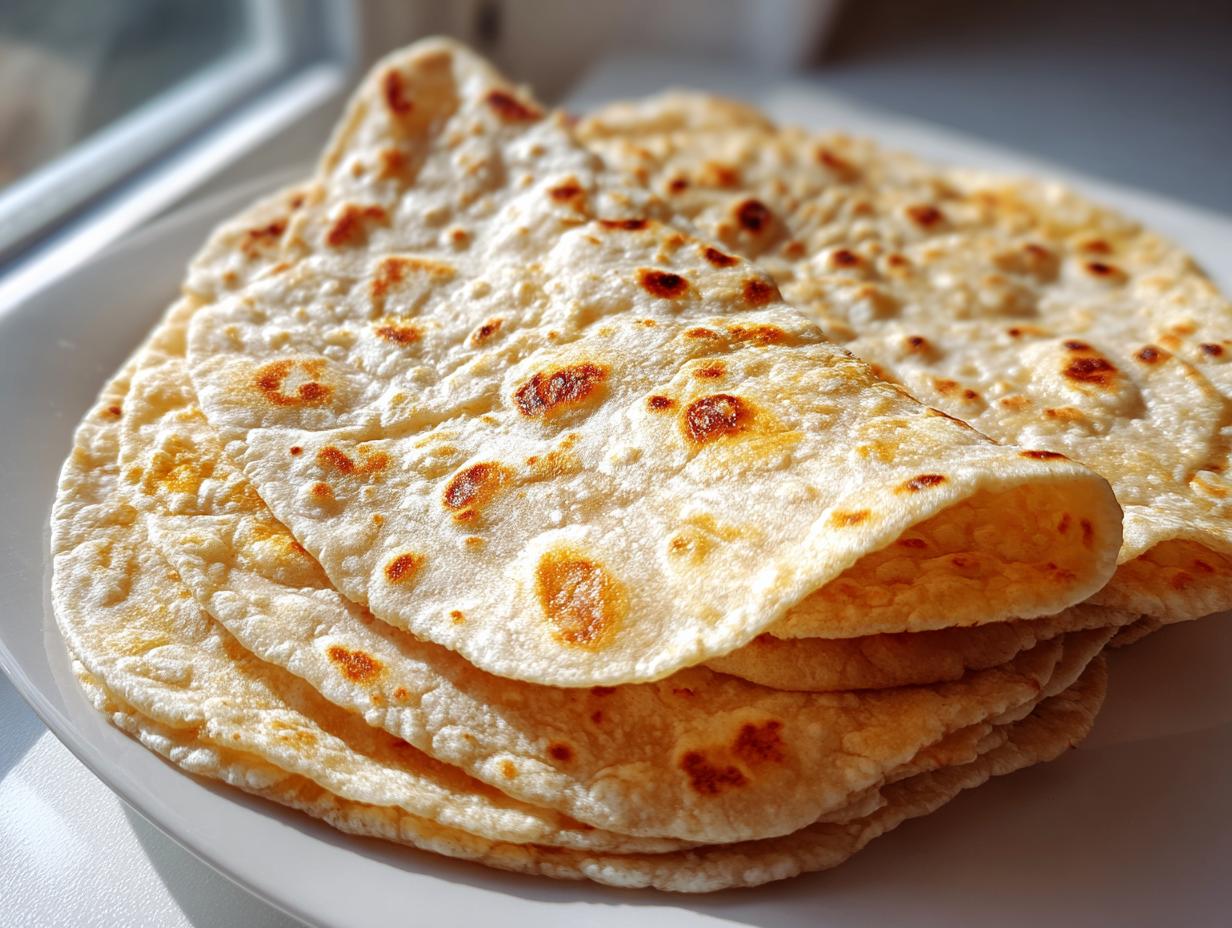 Stapel von frisch zubereiteten, leicht gebräunten Flour Tortillas für Burritos auf einem weißen Teller.