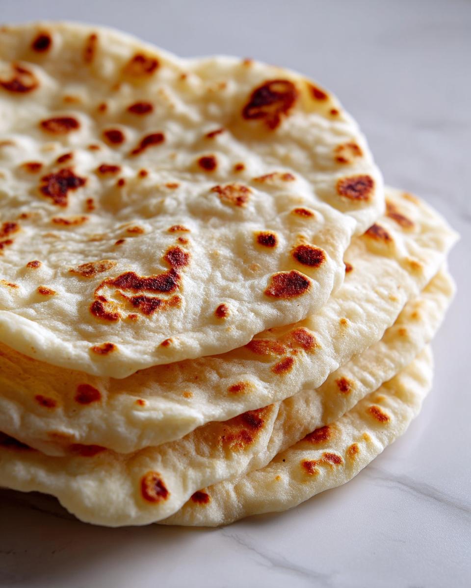 Nahaufnahme eines Stapels weicher, frisch zubereiteter Flour Tortillas für Burritos mit gebräunten Stellen.