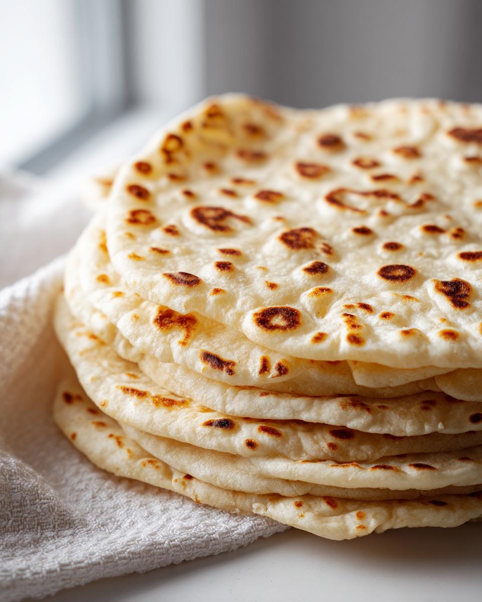 Stapel von weichen, frisch zubereiteten Flour Tortillas für Burritos mit leichten braunen Flecken.
