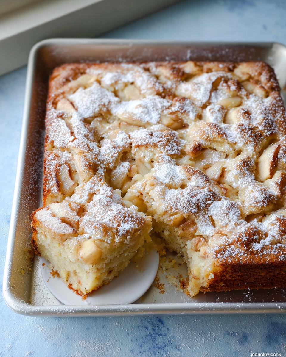 Ein Stück Fluffiger Apfelkuchen vom Blech, bestäubt mit Puderzucker, wird aus der Backform gehoben.