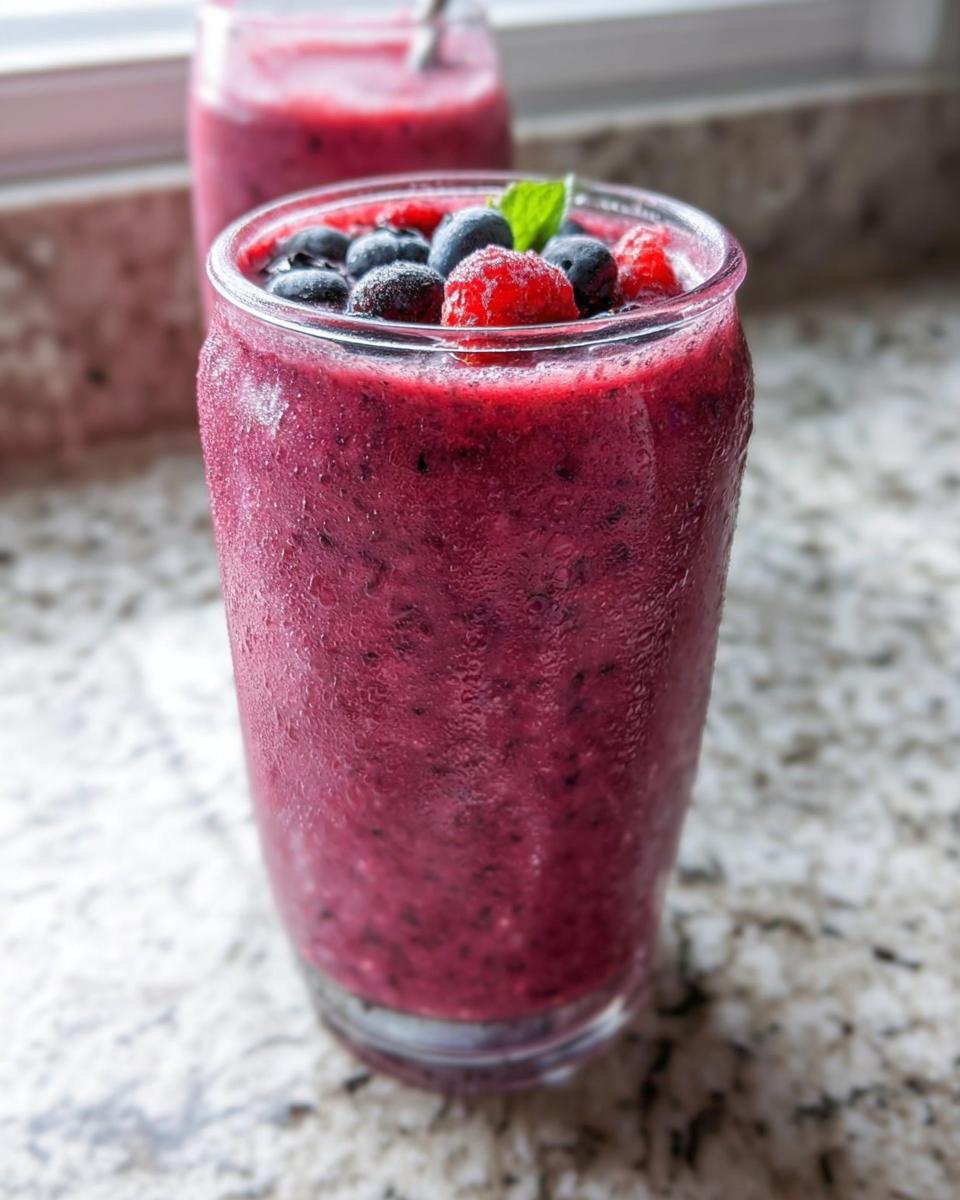 Nahaufnahme eines eisgekühlten Fruchtiger Smoothie mit gemischten Beeren, garniert mit Blaubeeren und Himbeeren.