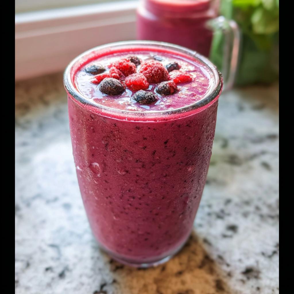 Nahaufnahme eines kalten, violetten Fruchtiger Smoothie mit gemischten Beeren, garniert mit gefrorenen Himbeeren und Blaubeeren.