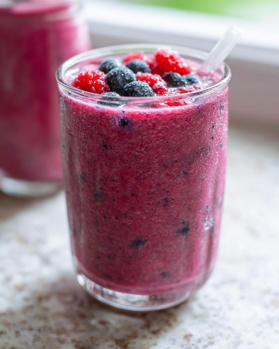 Nahaufnahme eines leuchtend pinken Fruchtiger Smoothie mit gemischten Beeren, garniert mit Himbeeren und Blaubeeren.