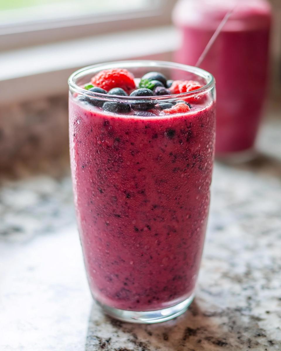 Ein kaltes Glas mit einem tiefroten Fruchtiger Smoothie mit gemischten Beeren, garniert mit Blaubeeren und Himbeeren.