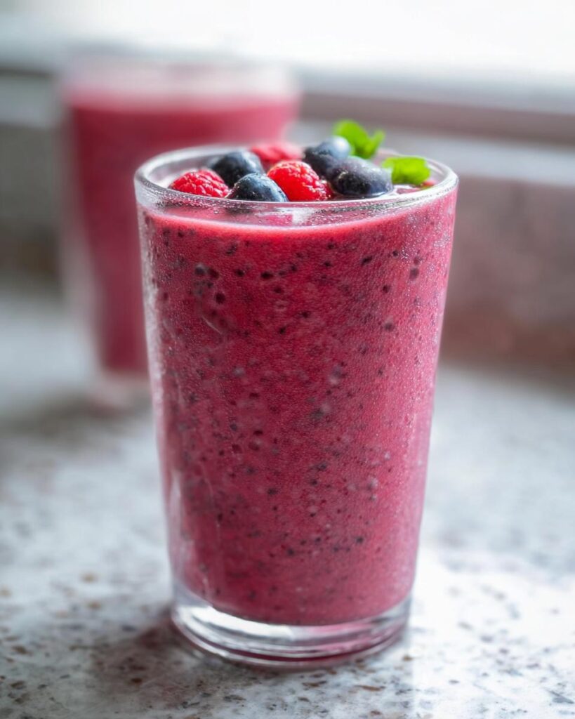 Nahaufnahme eines hohen Glases mit einem dicken, leuchtend roten Fruchtiger Smoothie mit gemischten Beeren, garniert mit Himbeeren und Blaubeeren.