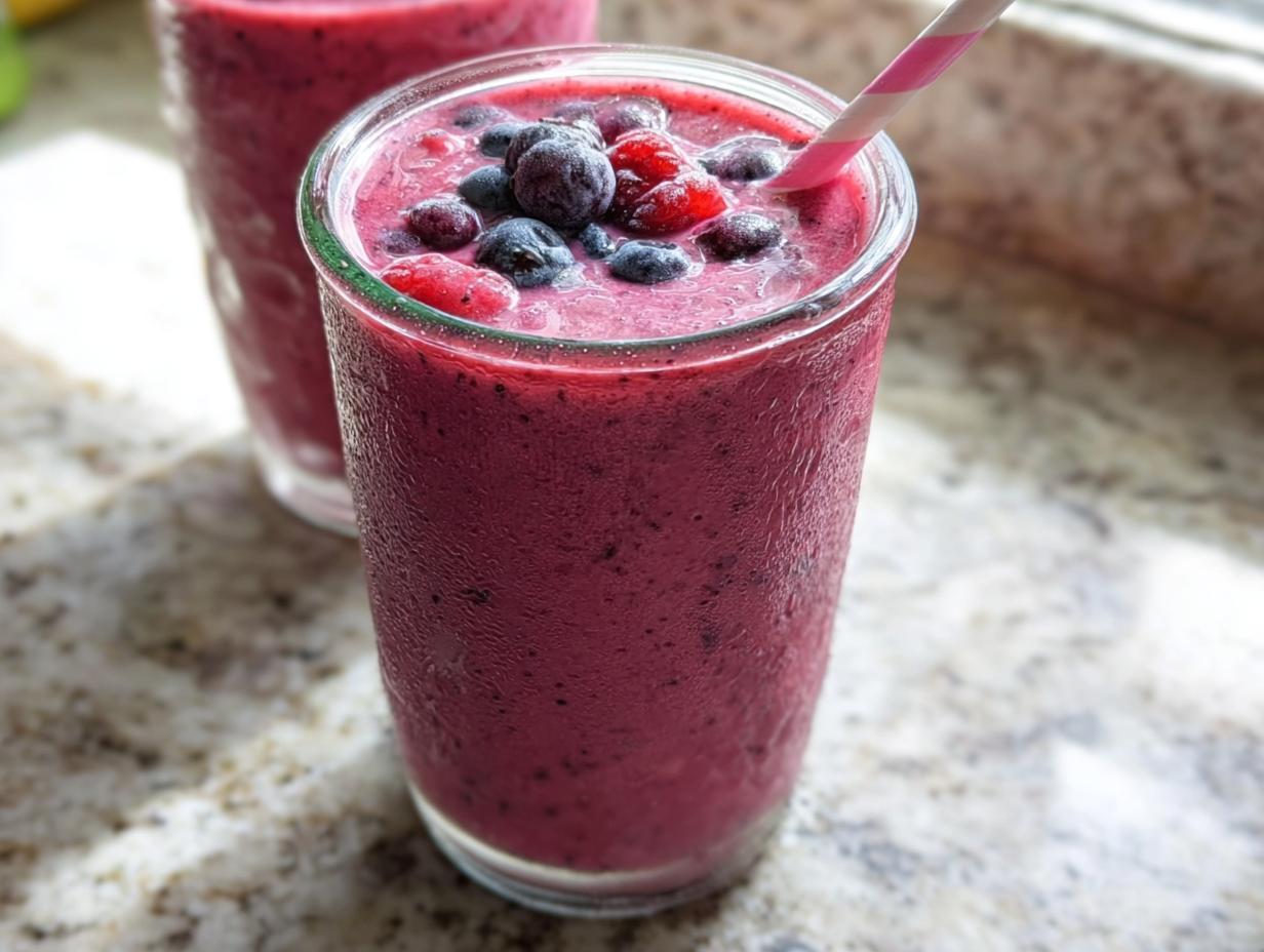 Nahaufnahme eines kalten, fruchtigen Smoothie mit gemischten Beeren, gekrönt mit Blaubeeren und Himbeeren.