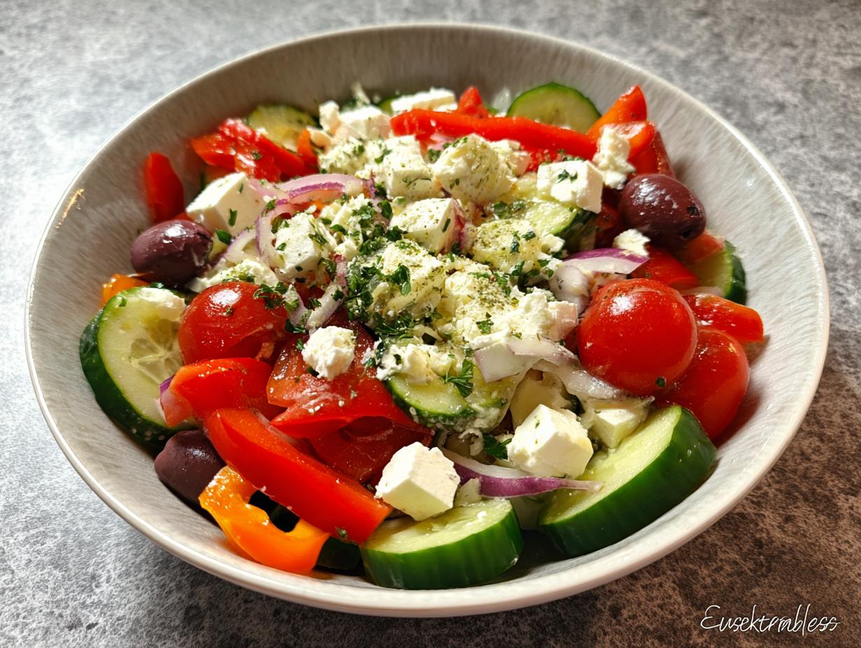 Nahaufnahme einer Gesunde griechische Salat-Bowl mit Gurken, Tomaten, Feta und Oliven.
