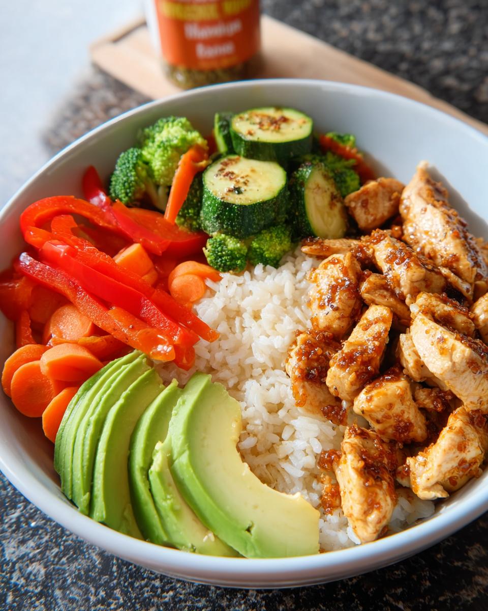 Eine fertige Gesunde Reisbowl mit Hähnchen & Gemüse, Reis, Avocado, Paprika, Karotten, Zucchini und Brokkoli.