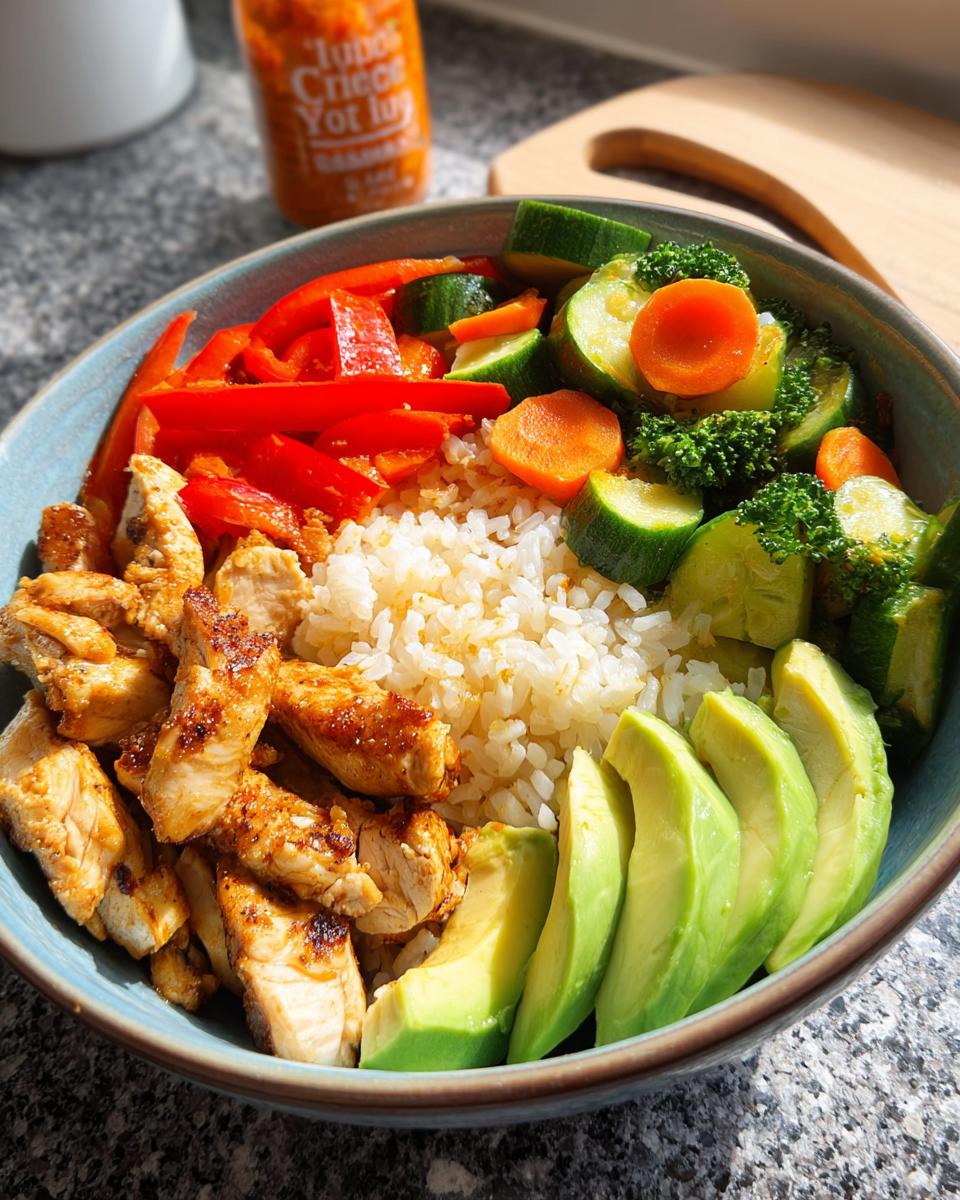Nahaufnahme einer Gesunde Reisbowl mit Hähnchen, Reis, Avocado und buntem Gemüse.