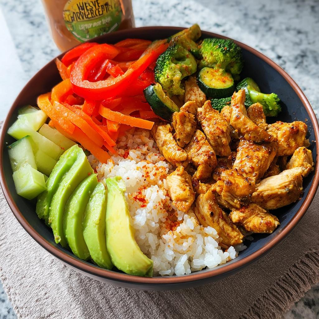 Fertige Gesunde Reisbowl mit Hähnchen & Gemüse, Reis, Avocado, Paprika und Brokkoli.