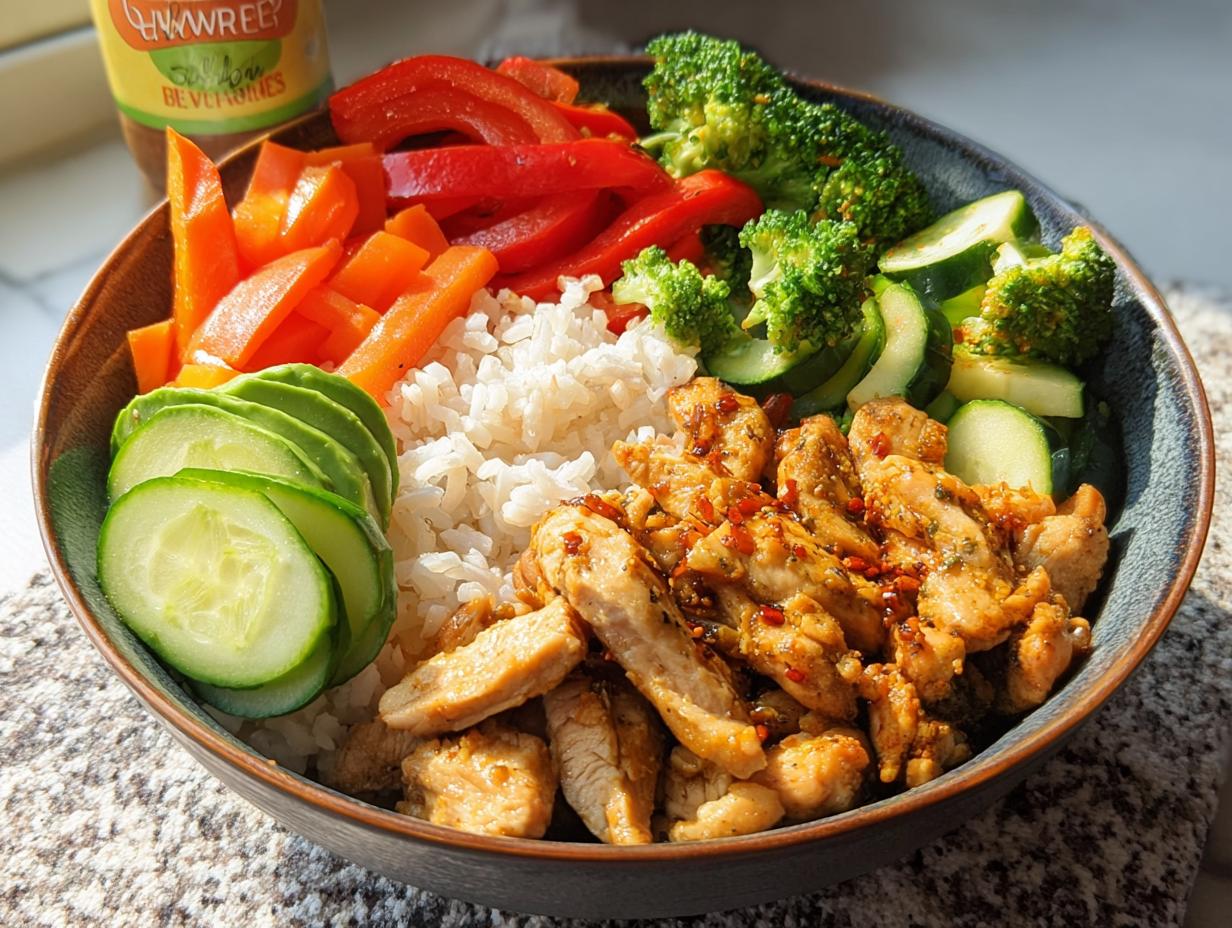 Eine bunte Gesunde Reisbowl mit Hähnchen & Gemüse, Reis, Avocado, Paprika und Brokkoli.