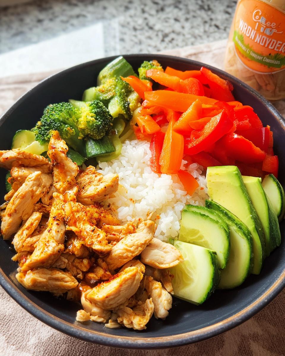 Nahaufnahme einer Gesunde Reisbowl mit Hähnchen, Reis, Brokkoli, Paprika, Avocado und Gurke.