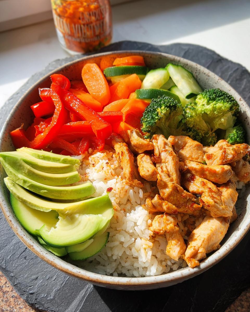 Eine Schüssel mit Gesunde Reisbowl mit Hähnchen & Gemüse, belegt mit Reis, Hähnchenstreifen, Avocado, Paprika, Karotten, Gurke und Brokkoli.