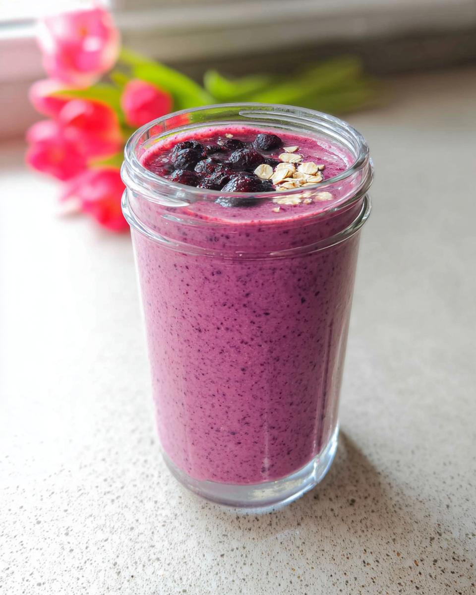 Ein violetter Gesunder Frühstücks-Smoothie mit Joghurt, garniert mit Trockenbeeren und Haferflocken.