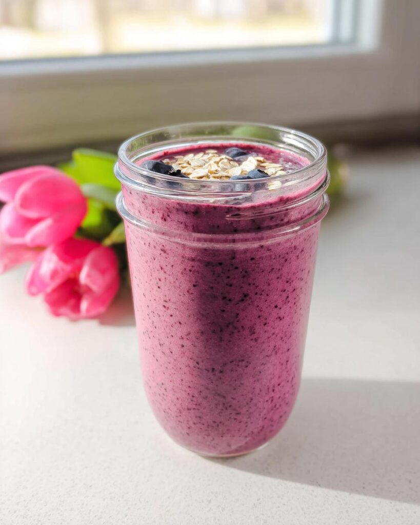 Ein violetter Gesunder Frühstücks-Smoothie mit Joghurt, garniert mit Haferflocken und Blaubeeren in einem Glas.
