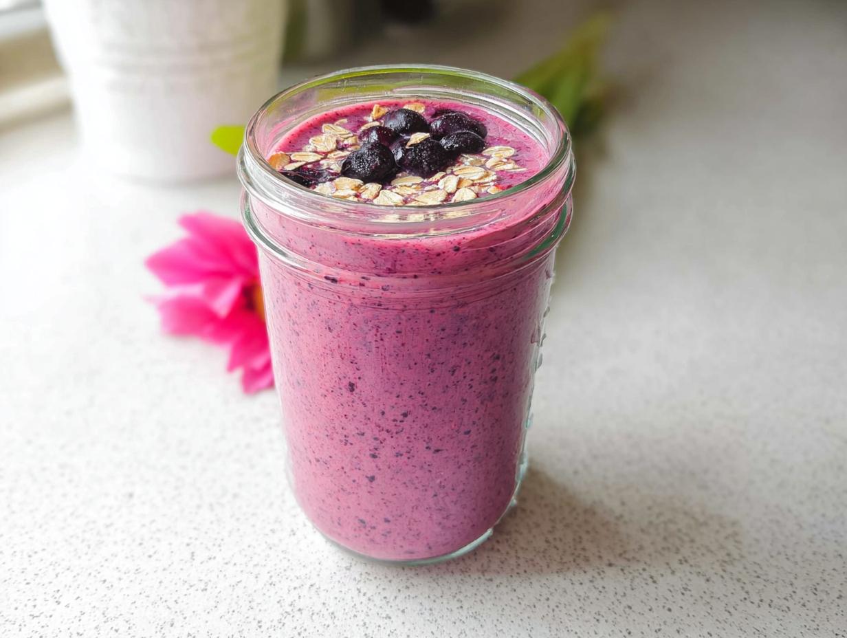 Ein Glas mit einem lila Gesunder Frühstücks-Smoothie mit Joghurt, garniert mit Blaubeeren und Haferflocken.