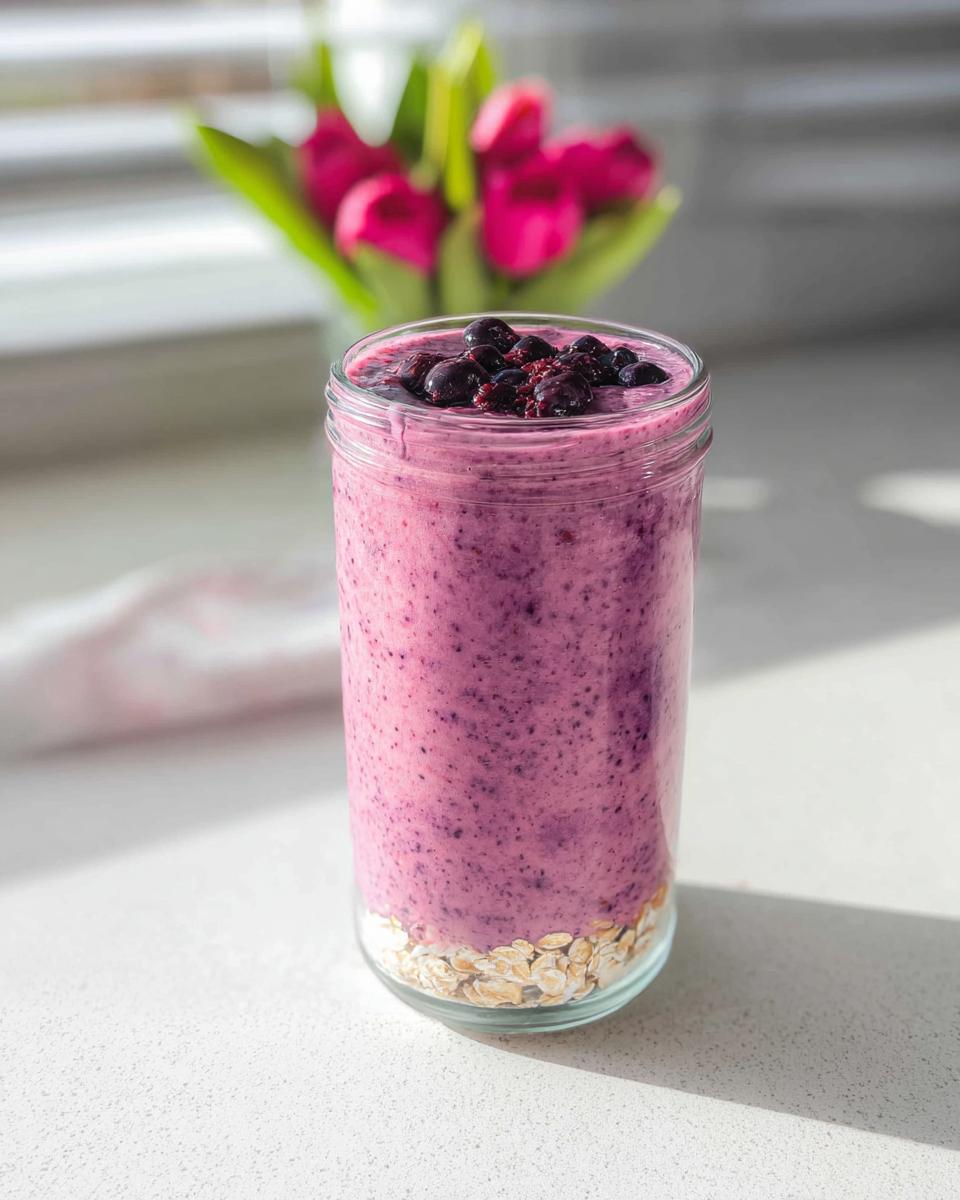 Ein hoher Glasbehälter mit einem lila Gesunder Frühstücks-Smoothie mit Joghurt, gekrönt mit Blaubeeren und Haferflocken am Boden.