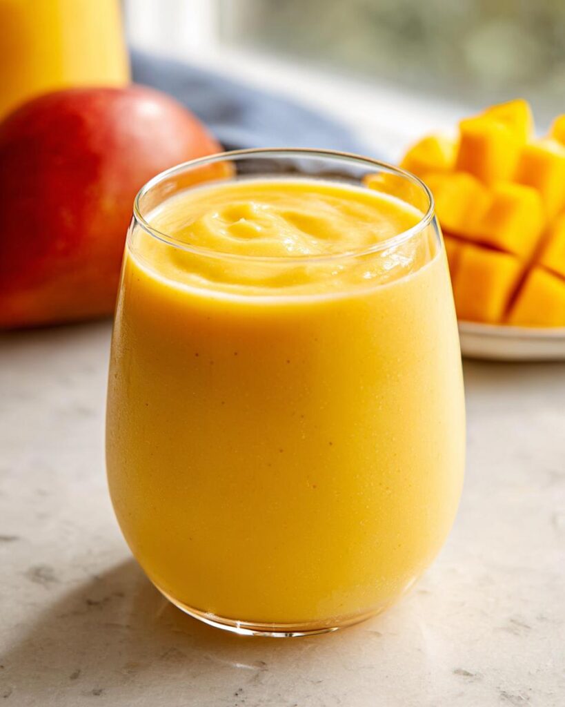 Ein dichtes, cremiges Glas mit einem leuchtend gelben Gesunder Mango-Smoothie, Mango-Stücke im Hintergrund.
