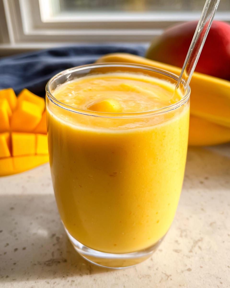 Ein Glas cremiger, leuchtend gelber Gesunder Mango-Smoothie mit einem Strohhalm, im Hintergrund liegen frische Mangostücke.