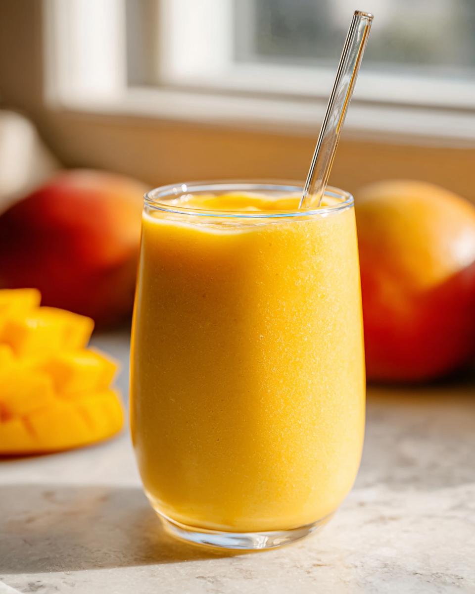 Ein cremiger, leuchtend gelber Gesunder Mango-Smoothie in einem Glas mit einem Strohhalm, umgeben von frischen Mangos.