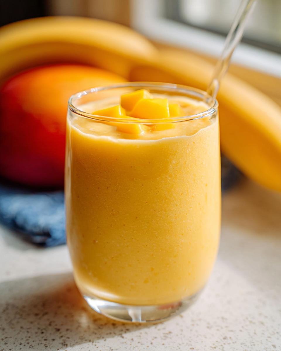 Ein cremiger, leuchtend gelber Gesunder Mango-Smoothie, garniert mit Mangowürfeln, im Glas.