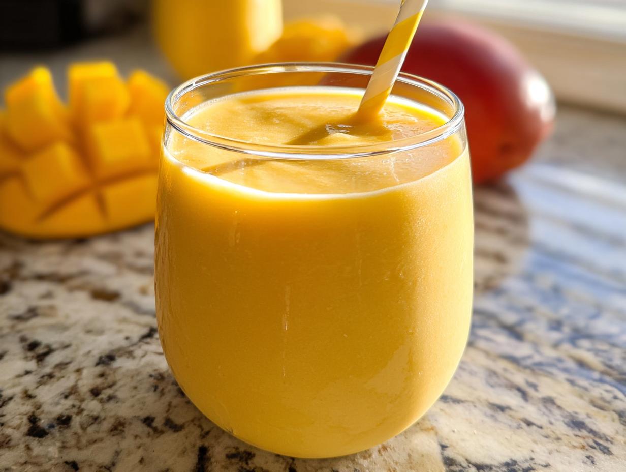 Nahaufnahme eines cremigen, gelben Gesunder Mango-Smoothie in einem Glas mit einem gelb-weiß gestreiften Strohhalm.
