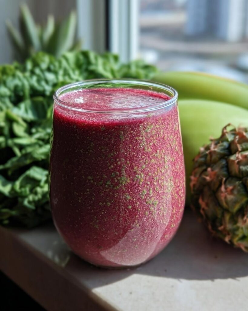 Nahaufnahme eines dunkelroten Gesunder Smoothie der gut schmeckt mit grünen Sprenkeln, umgeben von Ananas und Grünkohl.