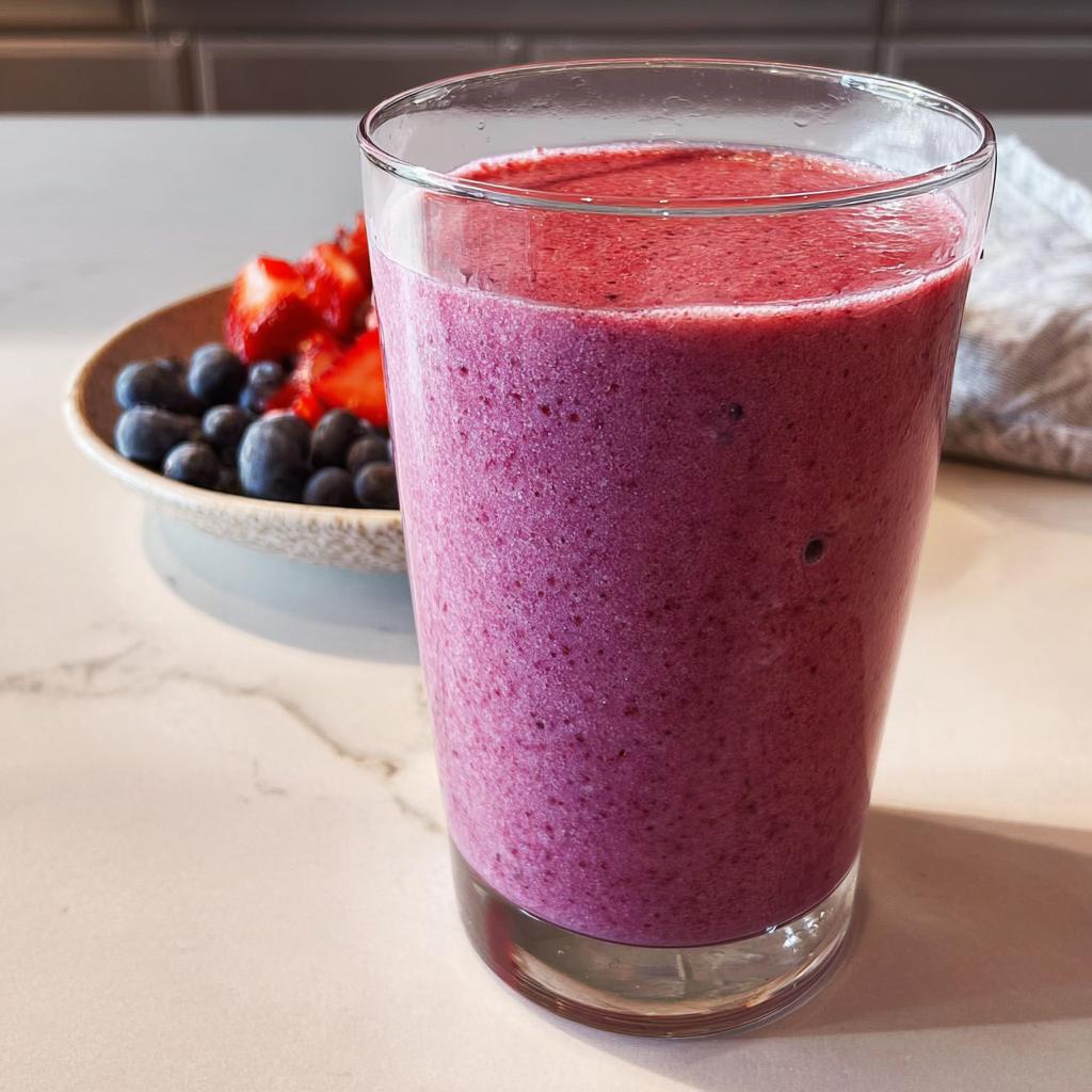 Ein hohes Glas mit einem lila-roten Gesunder Snack-Smoothie in 5 Minuten, daneben eine Schale mit Blaubeeren und Erdbeeren.