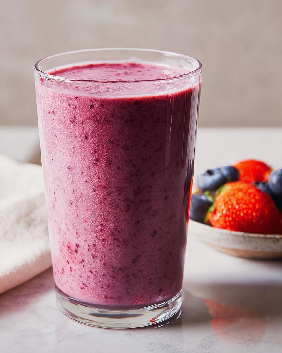 Ein hohes Glas mit einem cremigen, violetten Gesunder Snack-Smoothie in 5 Minuten, daneben eine Schale mit Erdbeeren und Blaubeeren.