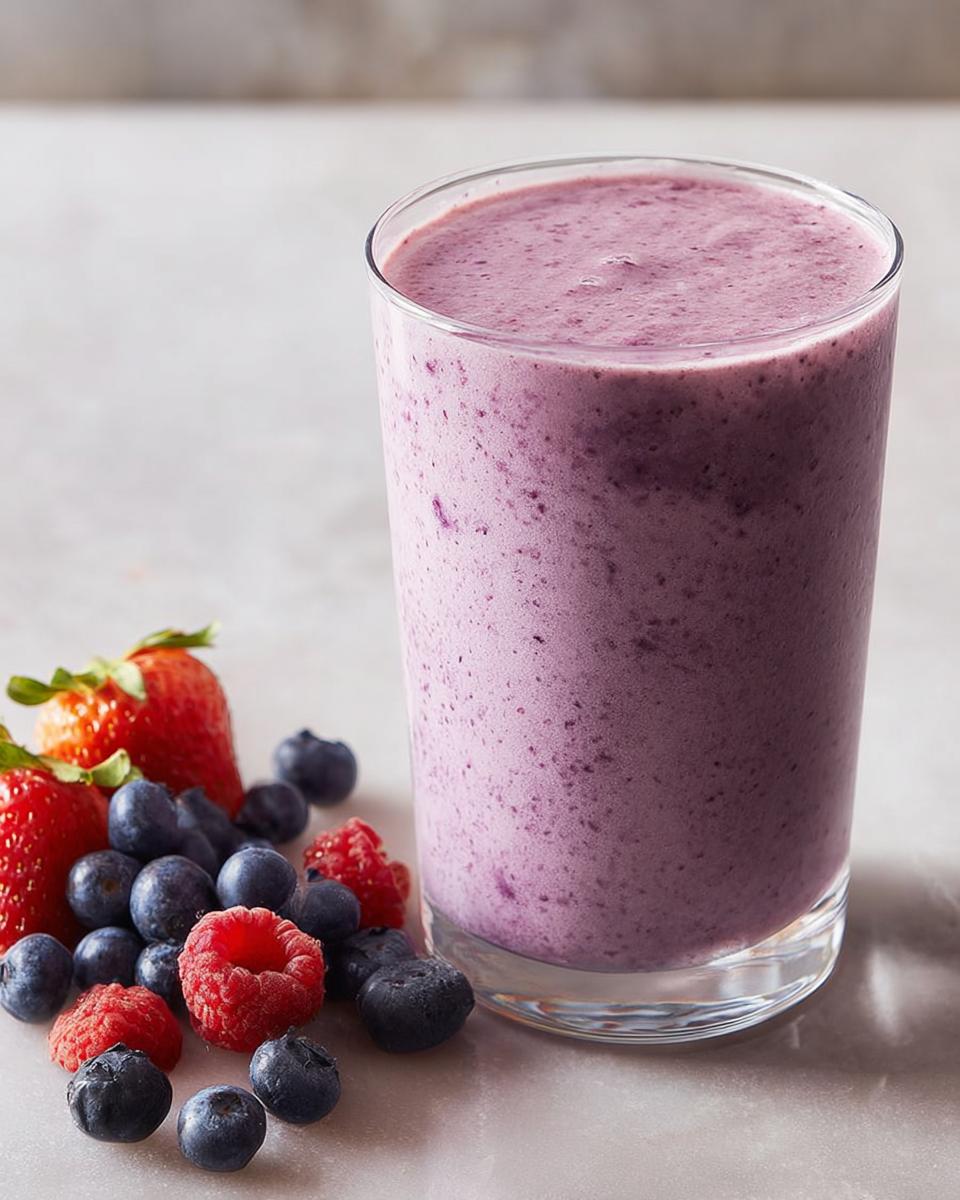 Ein Glas lila Gesunder Snack-Smoothie in 5 Minuten neben frischen Himbeeren, Blaubeeren und Erdbeeren.