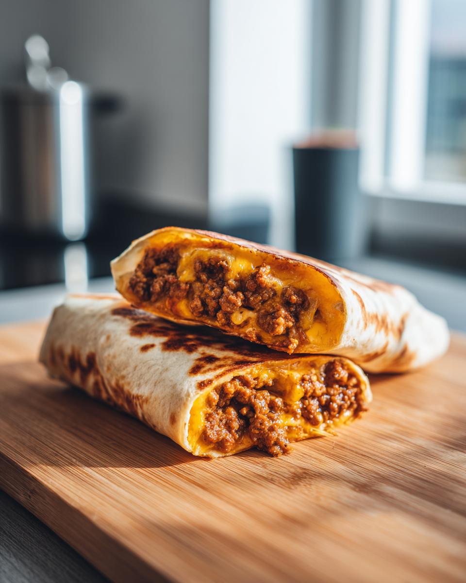 Zwei Hälften Grill Wraps mit Tortilla & Hackfleisch und geschmolzenem Käse auf einem Holzbrett.