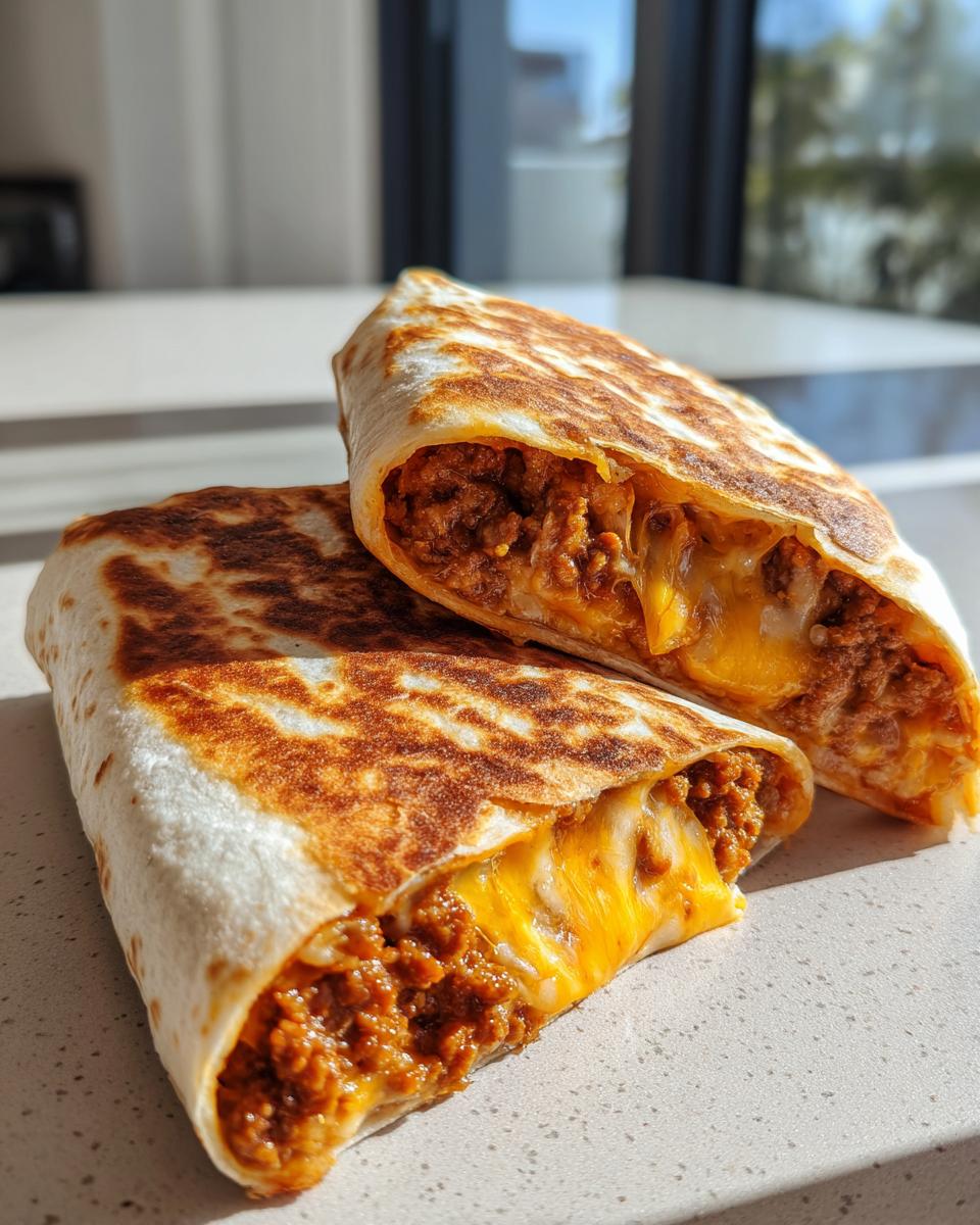 Zwei Hälften von gegrillten Grill Wraps mit Tortilla und Hackfleischfüllung, geschmolzener Käse läuft heraus.