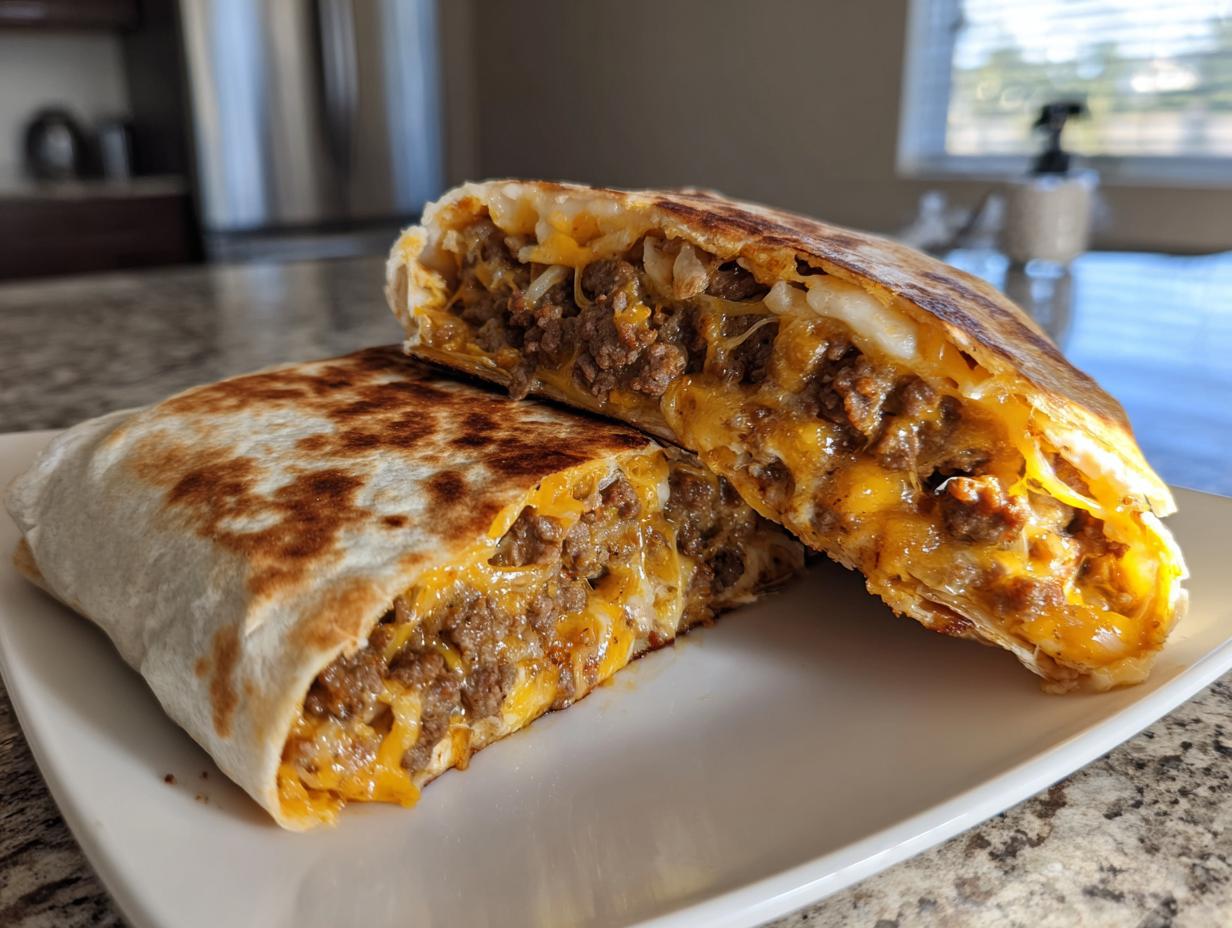 Zwei Hälften von Grill Wraps mit Tortilla & Hackfleisch, gefüllt mit Hackfleisch und geschmolzenem Käse.