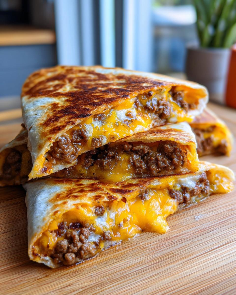 Nahaufnahme von aufgeschnittenen Grill Wraps mit Tortilla und Hackfleisch, geschmolzenem Käse quillt heraus.