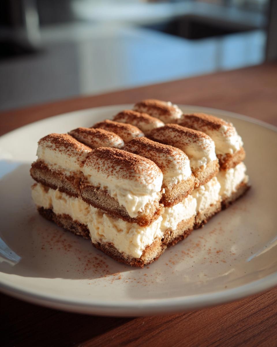 Nahaufnahme eines fertigen Haselnuss Tiramisu Kuchen mit Schichten aus Creme und Löffelbiskuits, bestäubt mit Kakao.