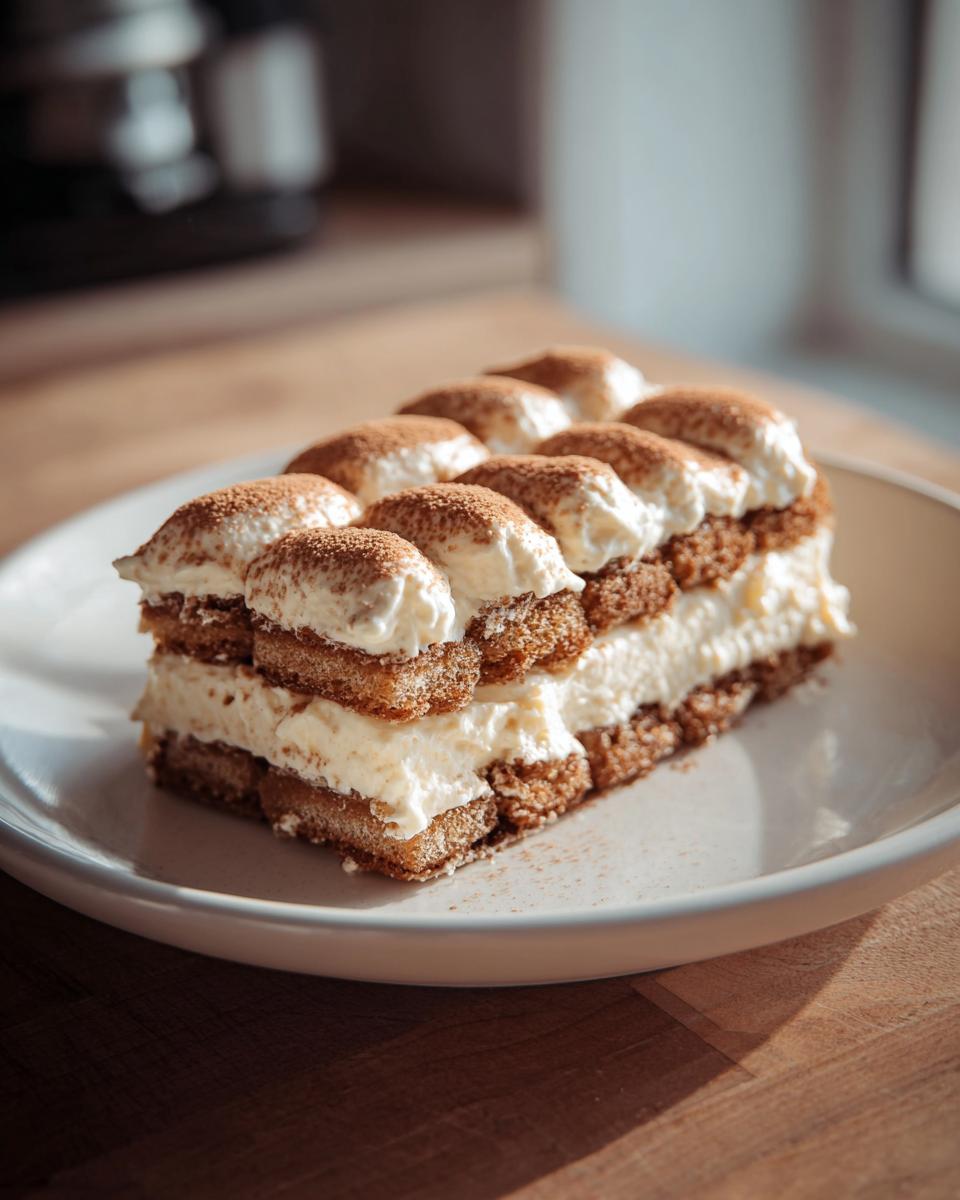 Ein Stück Haselnuss Tiramisu Kuchen mit Schichten aus Creme und Löffelbiskuits, bestäubt mit Kakao.