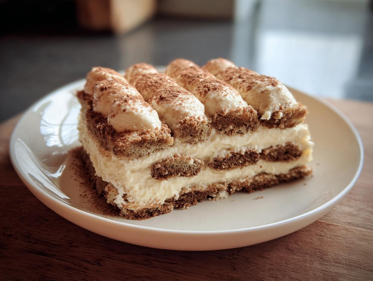 Ein einzelnes Stück Haselnuss Tiramisu Kuchen mit Schichten aus Creme und getränkten Keksen, bestäubt mit Kakao.