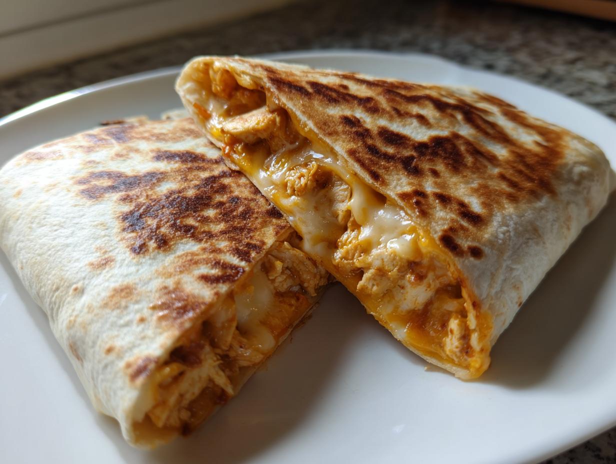 Ein aufgeschnittener, goldbraun gebratener Käsiges Knoblauchbrot-Tortilla-Wrap mit geschmolzenem Käse und Füllung.