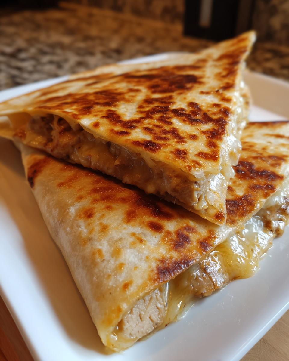 Zwei dreieckige Stücke Käsiges Knoblauchbrot-Tortilla-Wrap mit geschmolzenem Käse und Füllung auf einem weißen Teller.