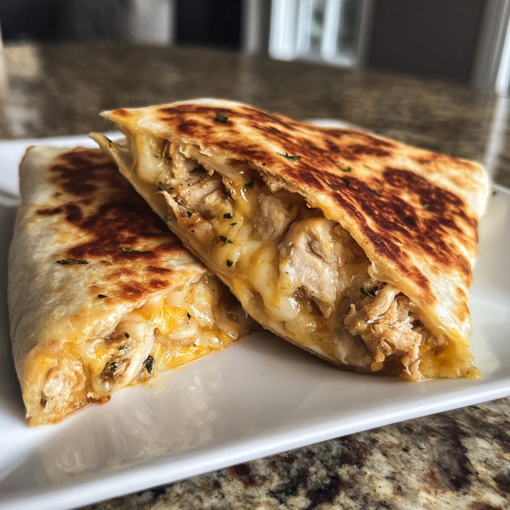 Zwei Hälften eines gegrillten Käsiges Knoblauchbrot-Tortilla-Wrap, gefüllt mit geschmortem Hähnchen und geschmolzenem Käse.