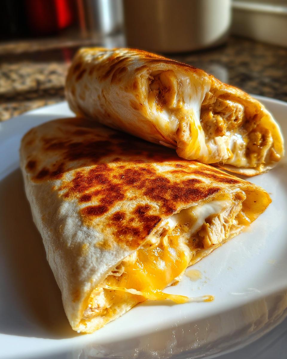 Zwei Hälften eines gegrillten Käsiges Knoblauchbrot-Tortilla-Wraps, gefüllt mit geschmolzenem Käse und Fleisch.