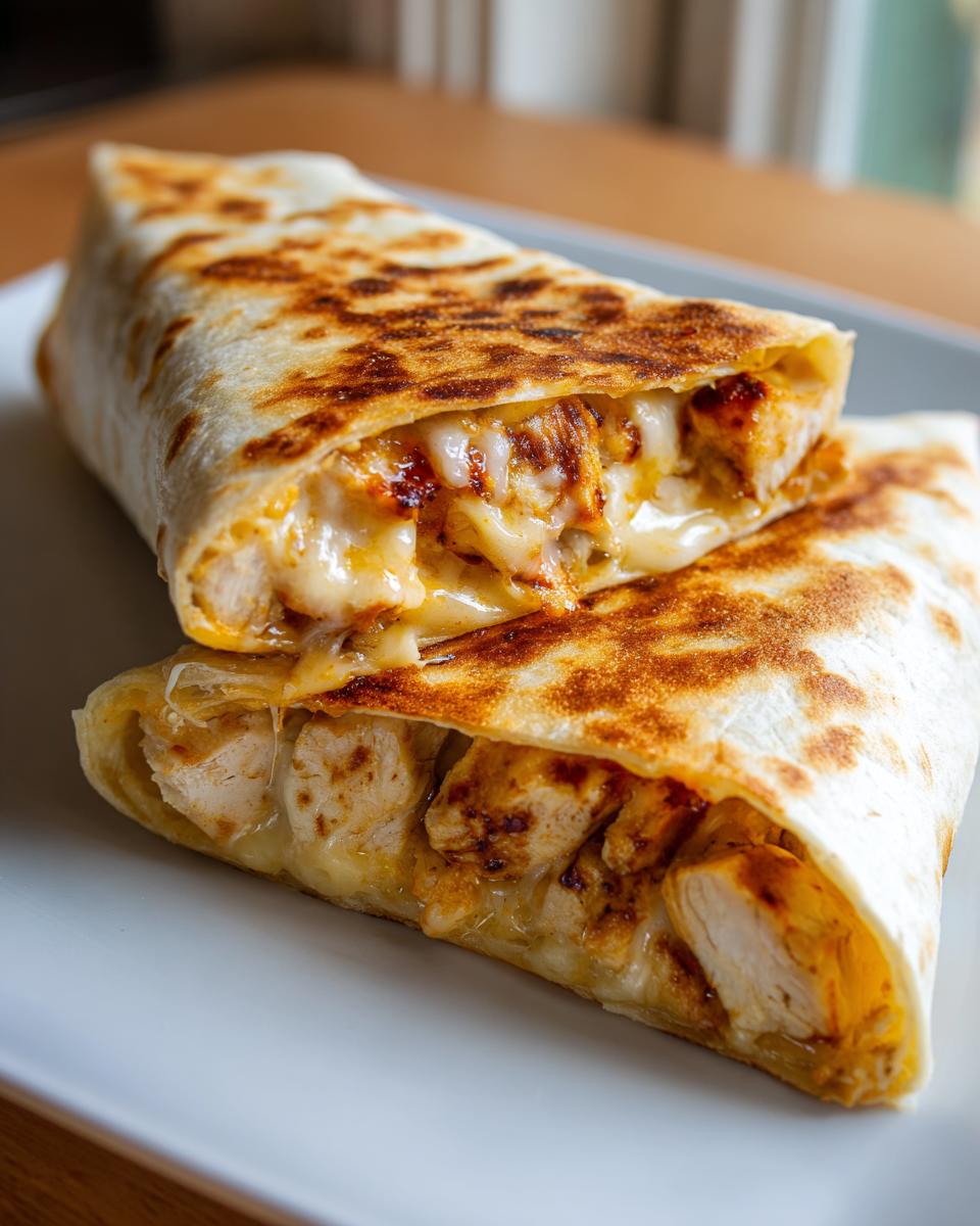 Zwei Hälften eines gegrillten Käsiges Knoblauchbrot-Tortilla-Wrap, gefüllt mit Hähnchenstücken und geschmolzenem Käse.