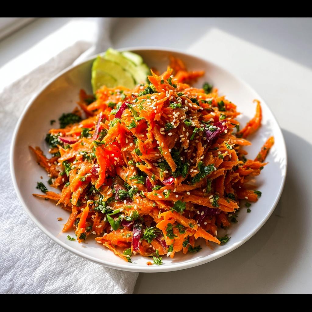 Nahaufnahme eines Karotten-Ingwer-Detox-Salat mit geraspelten Karotten, Kräutern und Sesam.